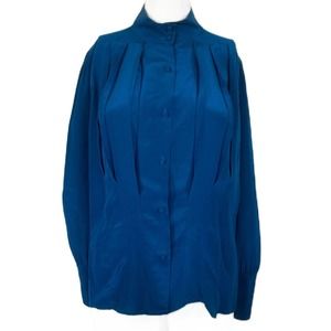 VTG Condor Shirt Womens Sz 9 10  Blue‎ Silk Pleated Button Long Sleeve Blouse